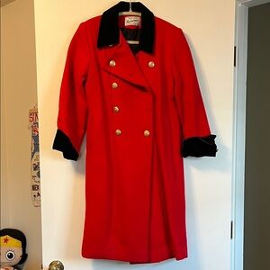 Vintage red coat with black accents, “Tailored by Rothschild”